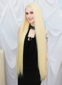 36" Extra Long Straight Bleach Blonde Lace Front Virgin Natural Hair Wig HHW002