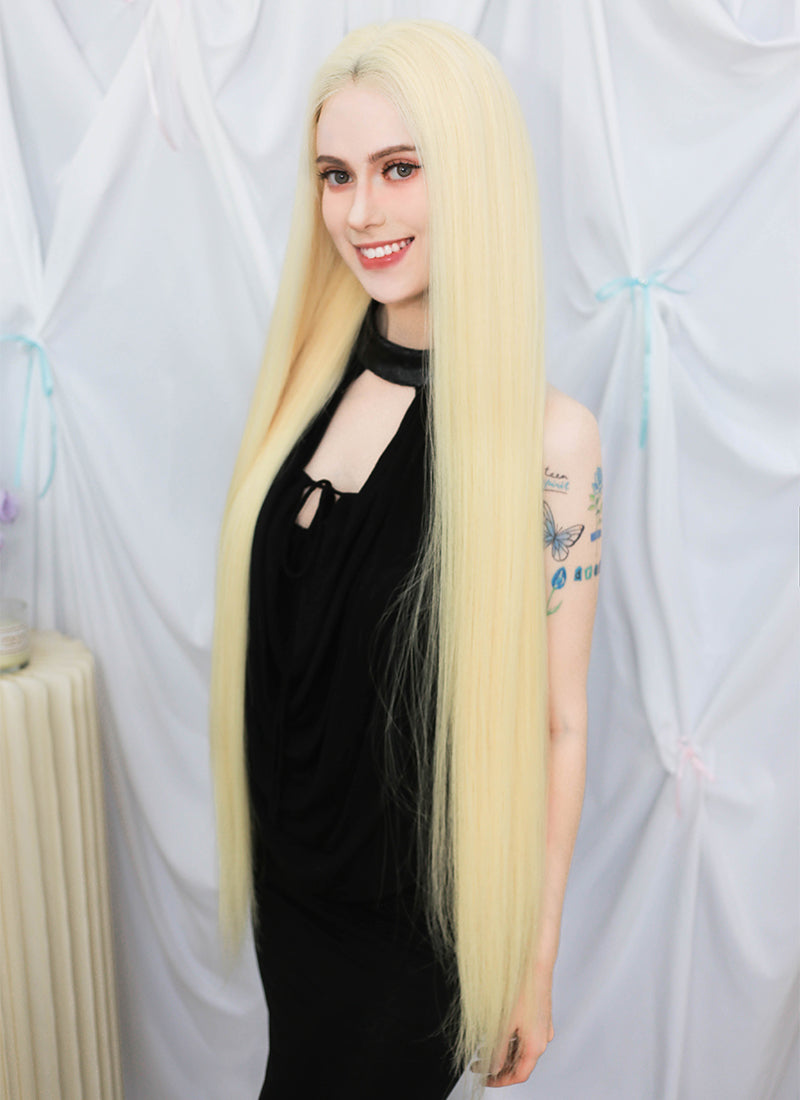 36" Extra Long Straight Bleach Blonde Lace Front Virgin Natural Hair Wig HHW002