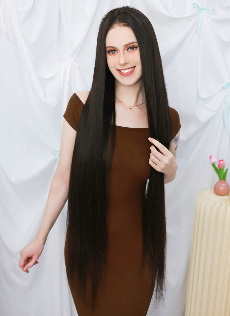 36" Extra Long Straight Black Lace Front Virgin Natural Hair Wig HHW003