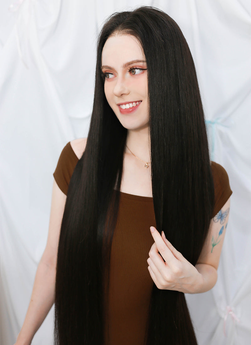 36" Extra Long Straight Black Lace Front Virgin Natural Hair Wig HHW003