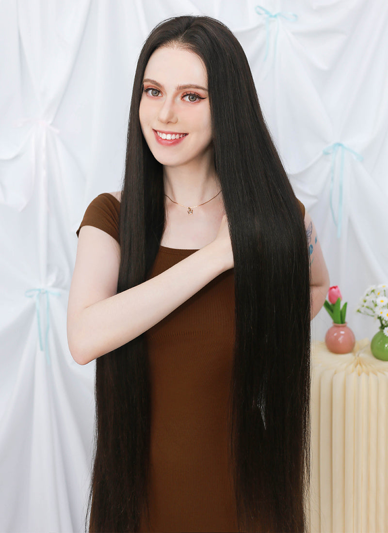 36" Extra Long Straight Black Lace Front Virgin Natural Hair Wig HHW003