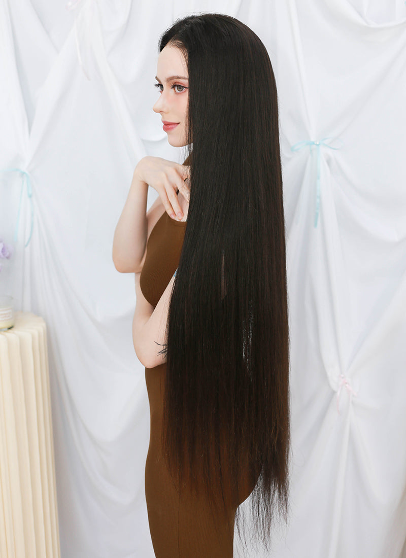 36" Extra Long Straight Black Lace Front Virgin Natural Hair Wig HHW003