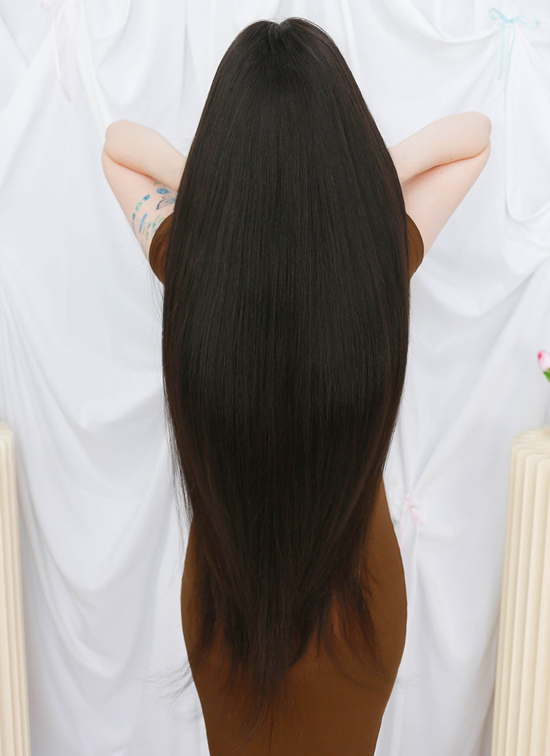 36" Extra Long Straight Black Lace Front Virgin Natural Hair Wig HHW003