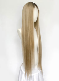 36" Extra Long Straight Mixed Blonde With Dark Roots Balayage Lace Front Virgin Natural Hair Wig HHW004