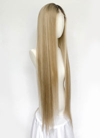 36" Extra Long Straight Mixed Blonde With Dark Roots Balayage Lace Front Remy Natural Hair Wig HHW004