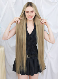 36" Extra Long Straight Mixed Blonde With Dark Roots Balayage Lace Front Remy Natural Hair Wig HHW004