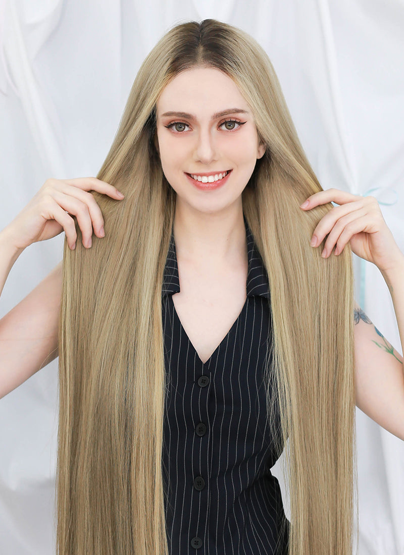 36" Extra Long Straight Mixed Blonde With Dark Roots Balayage Lace Front Virgin Natural Hair Wig HHW004