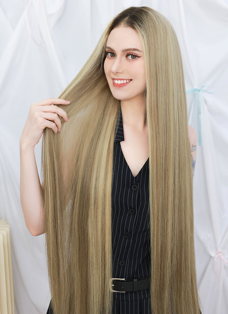 36" Extra Long Straight Mixed Blonde With Dark Roots Balayage Lace Front Virgin Natural Hair Wig HHW004