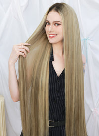 36" Extra Long Straight Mixed Blonde With Dark Roots Balayage Lace Front Remy Natural Hair Wig HHW004