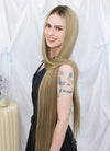 36" Extra Long Straight Mixed Blonde With Dark Roots Balayage Lace Front Virgin Natural Hair Wig HHW004