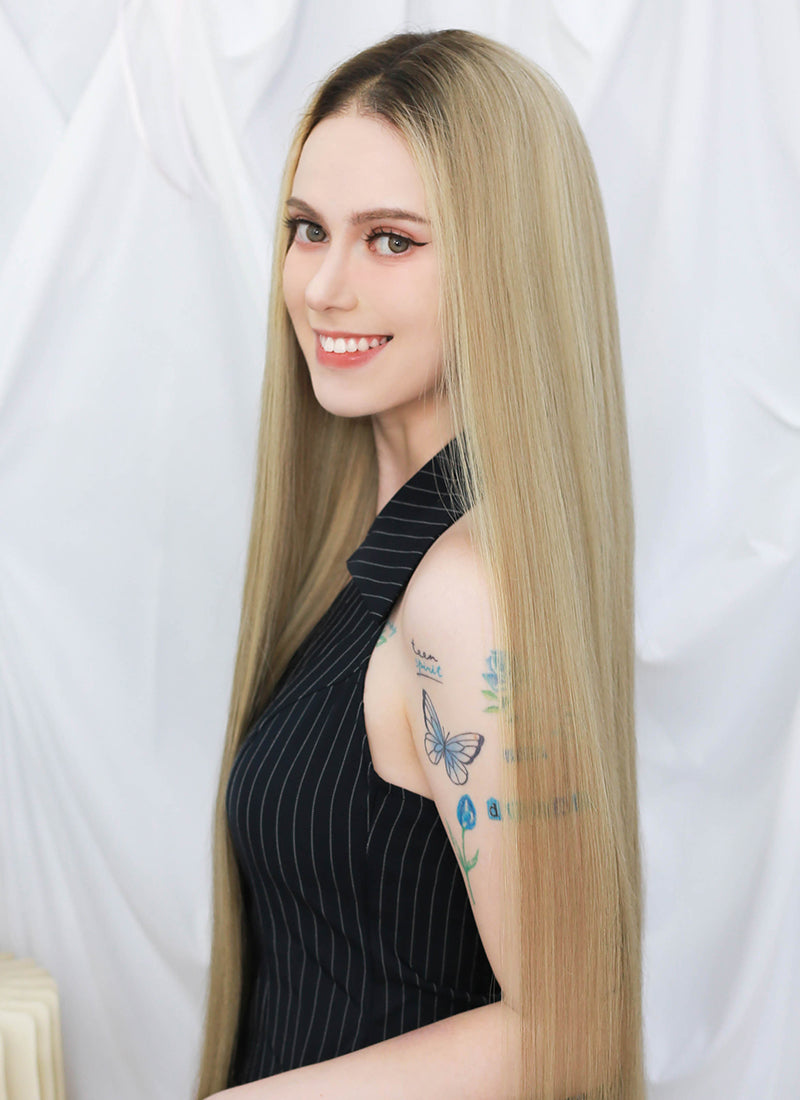 36" Extra Long Straight Mixed Blonde With Dark Roots Balayage Lace Front Virgin Natural Hair Wig HHW004