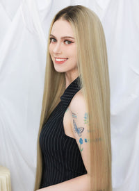 36" Extra Long Straight Mixed Blonde With Dark Roots Balayage Lace Front Remy Natural Hair Wig HHW004