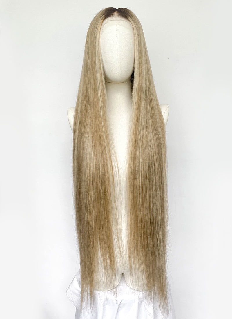 36" Extra Long Straight Mixed Blonde With Dark Roots Balayage Lace Front Virgin Natural Hair Wig HHW004