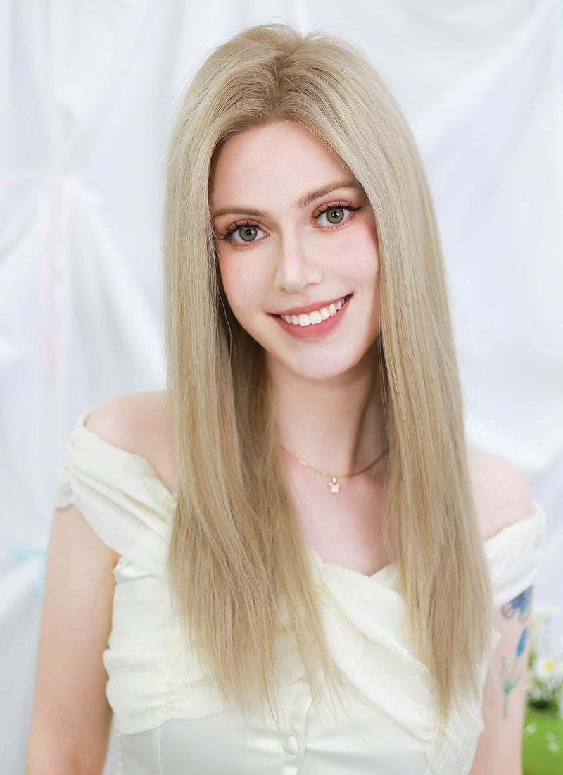 18" Long Straight Mixed Blonde With Dark Roots Lace Front Virgin Natural Hair Wig HHW005