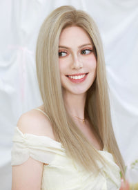 18" Long Straight Mixed Blonde With Dark Roots Lace Front Virgin Natural Hair Wig HHW005