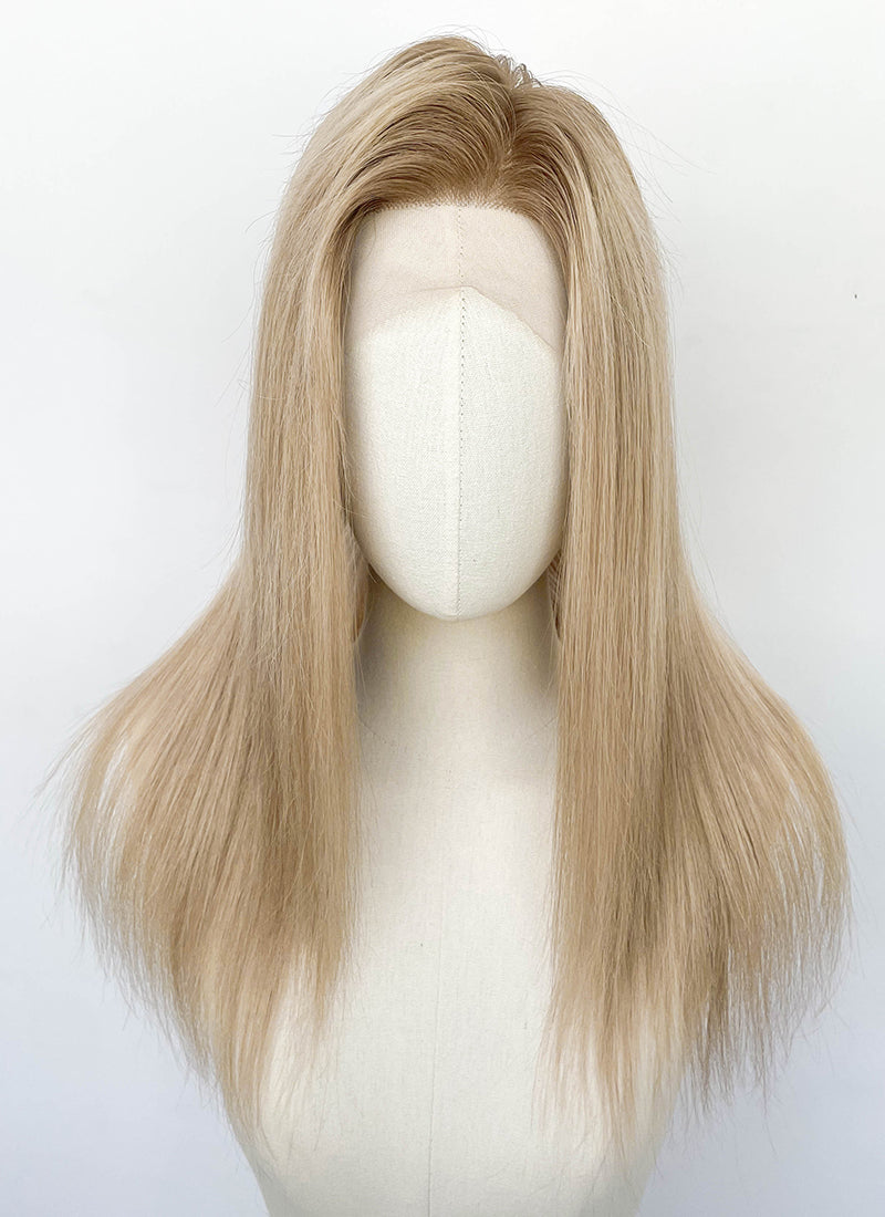 18" Long Straight Mixed Blonde With Dark Roots Lace Front Virgin Natural Hair Wig HHW005