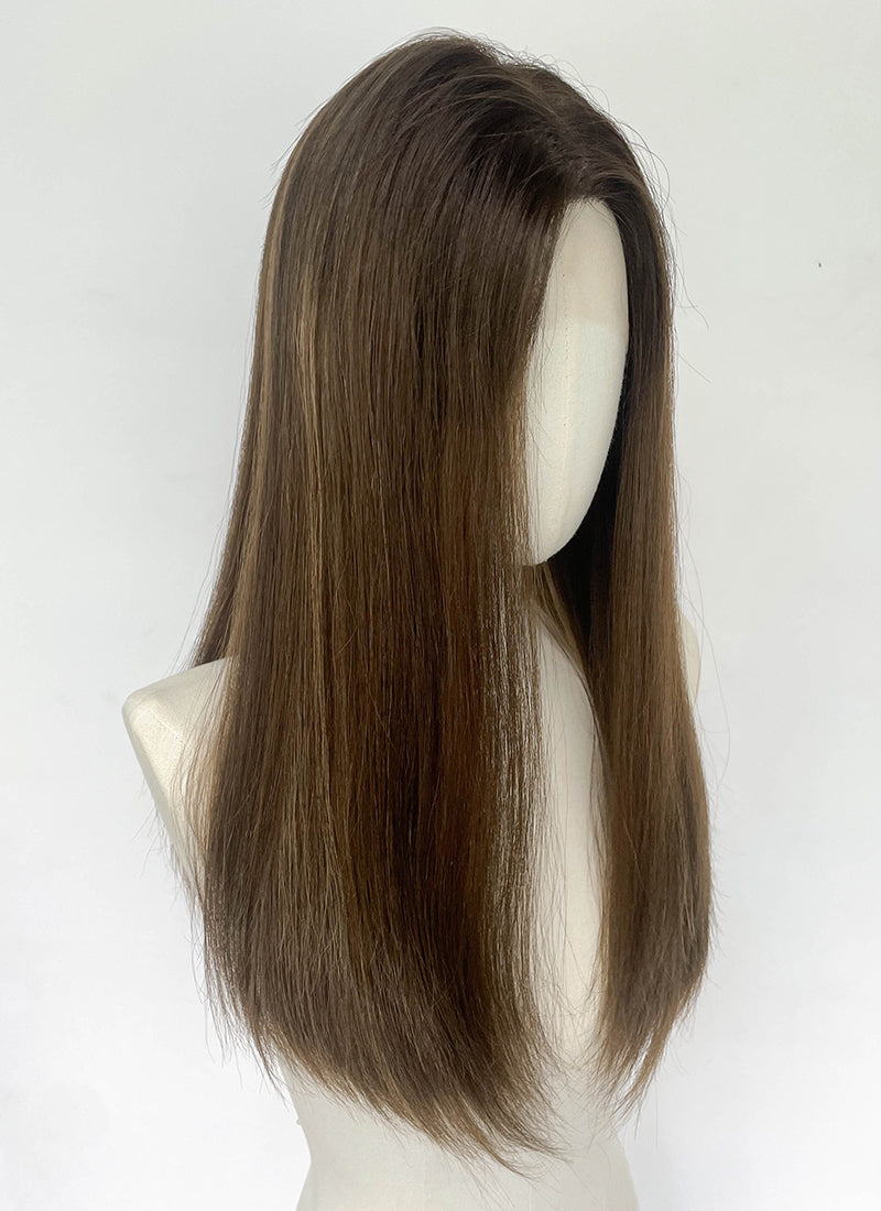 20" Long Straight Brown With Highlights Lace Front Remy Natural Hair Wig HHW007