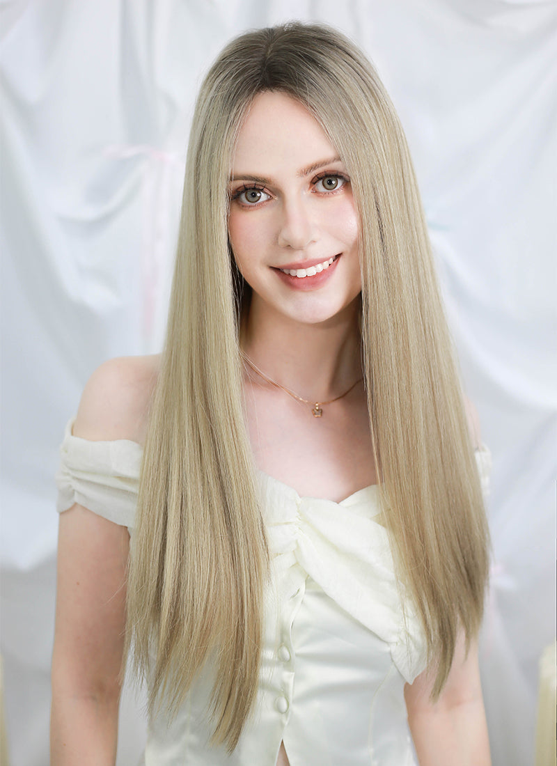 22" Long Straight Mixed Blonde With Dark Roots Full Lace Virgin Natural Hair Wig HHW011