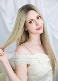 22" Long Straight Mixed Blonde With Dark Roots Full Lace Virgin Natural Hair Wig HHW011