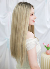 22" Long Straight Mixed Blonde With Dark Roots Full Lace Remy Natural Hair Wig HHW011